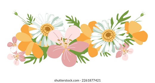 Spring wreath of wild flowers on a white background. Vector illustration in a hand-drawn style for a postcard, calendar, banner