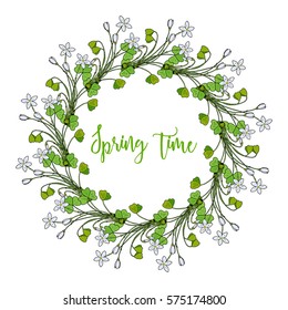 Spring wreath with wood sorrel flowers. Vector illustration