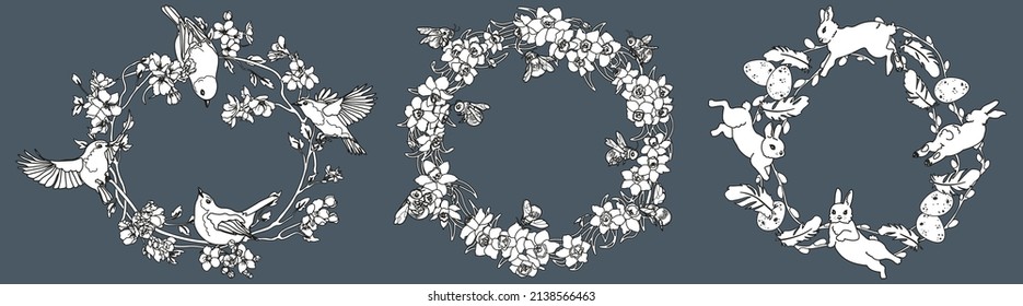 Spring wreaths set with floral, branches, bird and bees elements. Easter wreath with bunnies and eggs. Vector illustrations.