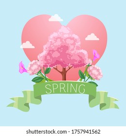 Cinta escrita de primavera, corazón rojo de la tarjeta, árbol rosa, amor de expresión, San Valentín romántico, diseño de dibujos animados estilo ilustración vectorial. Día de San Valentín, hermosa decoración para regalo de boda, elementos florales