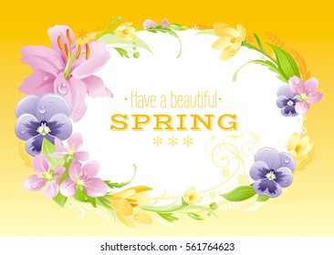 Spring yellow background. Easter, Mothers day, Birthday, Wedding. Flower frame: lily, pansy, crocus, leaf, wreath. Natural border, modern vector illustration. springtime greeting card, text lettering