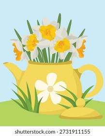 Frühlingsgelbe Narzissenblumen in einem niedlichen Wasserkocher auf grünem Gras mit lebendigem saisonalem Design
