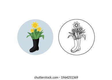 Spring Yellow Flower Boots Fill Line Icon Bundle
