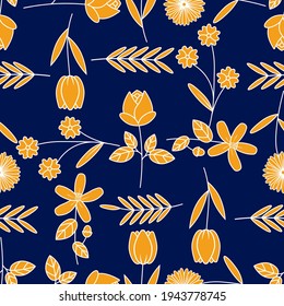 Flor amarillo de primavera sobre un fondo oscuro sin costuras patrón vectorial. Impresión textil, de tela y de tarjetas