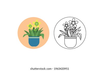 Spring Yellow Flower Pot Filled Line Icon Bundle
