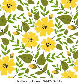 Spring yellow flowers and green leaves. Delicate spring bouquet seamless pattern. Floral graceful ornament. Plant composition. Summer design of flowers. Printable home decor in country style.