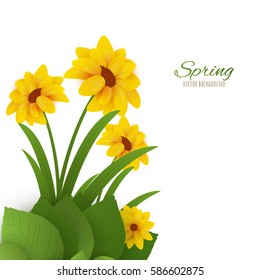 Spring yellow flowers with green leaves vector background. EPS10