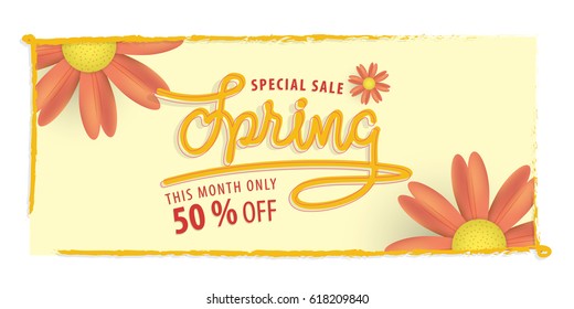 Spring yellow and orange flower 50 percent off heading design and yellow frame for banner or poster. Sale and Discounts Concept. Vector illustration.
