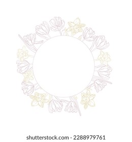 Spring yellow and pink flower frame. Ink line art tulips and narcissus flower wreath for design of card or invitations