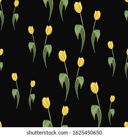 Spring yellow tulip seamless pattern. Floral black background print with blossom vector flowers. Simple digital watercolor drawing. Repeatable abstract illustration. Vintage graphic design.
