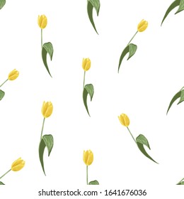 Spring yellow tulip seamless pattern. Floral background print with blossom vector flowers. Simple digital watercolor drawing. Repeatable abstract illustration. Vintage graphic design.