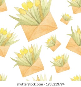 Spring yellow tulips in envelope, seamless pattern. Floral background print vector flowers. Simple watercolor painting. Repeatable abstract illustration. Vintage graphic design.