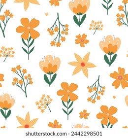 Spring yellow wildflowers seamless pattern, floral repeat surface print for wallpaper, textile prints, stationary, wrapping paper, packaging, etc. EPS 10