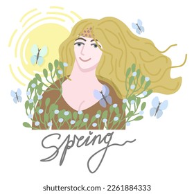 Spring. Young woman in flowers with butterflies fluttering around under the shining sun. Vector isolated illustration with lettering. Peace concept.