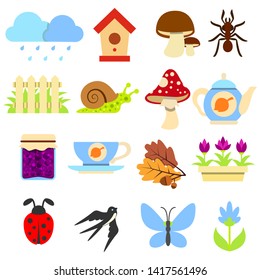 Spring-Autumn Icons Set, Natural Mini Illustrations. Household, Farm, Harvesting. Caring for animals. Seasonal Species of the Fauna and Flora Representatives.