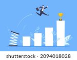 Springboard businessman high jump flat style design vector illustration concept. Business person jumps above career ladder. Success growth, motivation opportunity, boost career concept.
