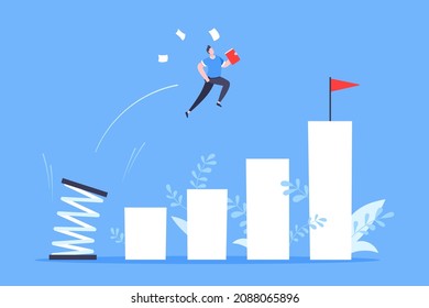 Springboard businessman high jump flat style design vector illustration concept. Business person jumps above career ladder. Success growth, motivation opportunity, boost career concept.