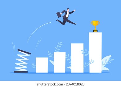 Springboard businessman high jump flat style design vector illustration concept. Business person jumps above career ladder. Success growth, motivation opportunity, boost career concept.