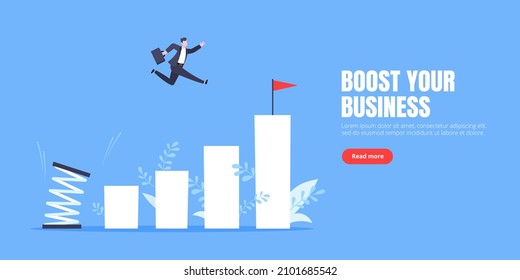 Springboard Businessman High Jump Flat Style Design Vector Illustration Concept. Business Person Jumps Above Career Ladder. Success Growth, Motivation Opportunity, Boost Career Concept.