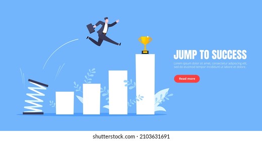 Springboard businessman high jump flat style design vector illustration concept. Business person jumps above career ladder. Success growth, motivation opportunity, boost career concept.