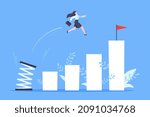 Springboard businesswoman high jump flat style design vector illustration concept. Business person jumps above career ladder. Success growth, motivation opportunity, boost career concept.