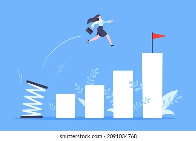 Springboard businesswoman high jump flat style design vector illustration concept. Business person jumps above career ladder. Success growth, motivation opportunity, boost career concept.