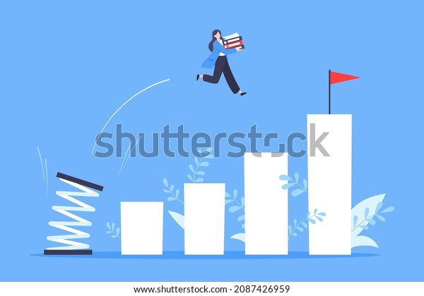Springboard\
businesswoman high jump flat style design vector illustration\
concept. Business person jumps above career ladder. Success growth,\
motivation opportunity, boost career\
concept.