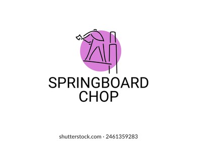 Springboard chop vector line icon. lumberjack sport. athlete chopping logs pictogram illustration.