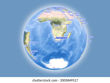 Springbok-South Africa is shown on vector globe map. The map shows Springbok-South Africa 's location in the world.