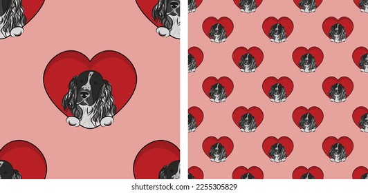 Springer Spaniel dog with paws pattern, Valentine's day heart wallpaper. Love heart with pet head holiday texture. Dog face Holding Heart Cartoon square background. St Valentine's day present paper.