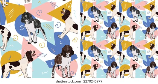 Springer Spaniel dog summer pastel wallpaper. Holiday abstract circles, squares, spirals, confetti. seamless background, repeatable pattern. Birthday wallpaper, Christmas present, print tiles.