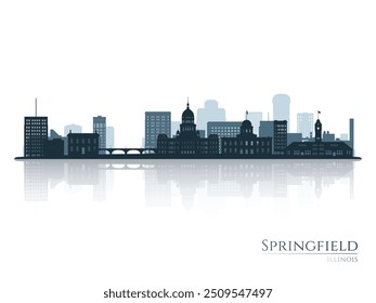 Springfield skyline silhouette with reflection. Landscape Springfield, Ilinois. Vector illustration.