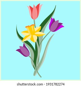 Springflowers, daffodil and tulips seamless pattern, watercolor art.