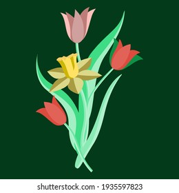Springflowers, daffodil and tulips seamless pattern, watercolor art.