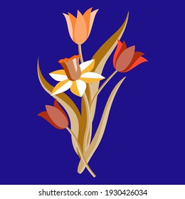 Springflowers pattern, template.
Watercolor illustration, daffodils and tulips.