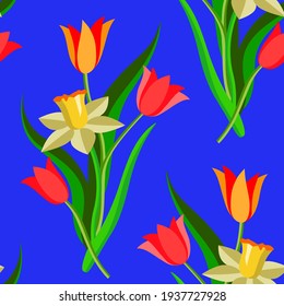 Springflowers tulips and daffodils seamless pattern, watercolor art.