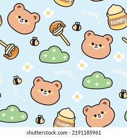 Spring.Forest.Wild Life.Seamless Pattern Of Cute Bear With Bee,honey,flower Cartoon On Blue Background.Flat Design.Baby Clothing.Kawaii.Vector.Illustration.