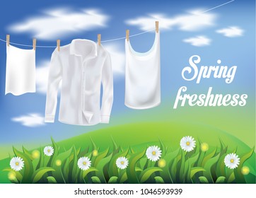 Spring-fresh Laundry, realistic illustration , linen drying , on a landscape background , vector 3D