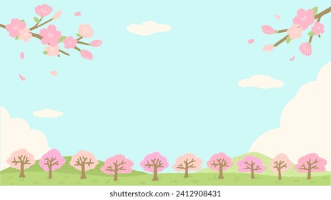 Marco de fondo paisajístico inspirado en la primavera de flores de cerezo y árboles de flores de cerezo, bonita ilustración simple dibujada a mano