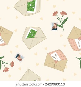 Spring-inspired seamless pattern showcasing open envelopes with floral designs, surrounded by hearts on a soft beige background, vector illustrated