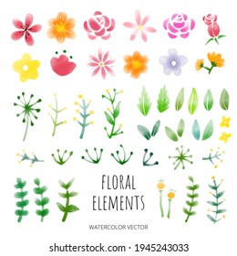 Spring-like floral elements drawn in watercolors. Save the date. Floral frame vector set
