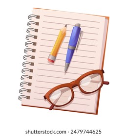 Spring-loaded notepad with note strips, pen, pencil and glasses.  Business notebook, student's notepaper, top view. Vector icon