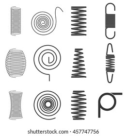 Springs of compression, tension and torsion. Collection of resilient metal wire parts. Set of vector sketches. Flexible spiral elements.
