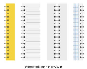 Springs for exercise book and notebooks. Set with closed and open Notepad. Sheet in plaid and stripes. silver spirals notebook, top view.