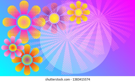 The spring's flowers in pop art designed background using halftone technique in minimal style. ( vector )