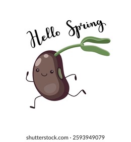 Springs lettering with a picture of cute bean character and the inscription - Happy Spring. For the design of posters, banners, congratulations, for prints on t-shirts, covers, mugs, pillows.