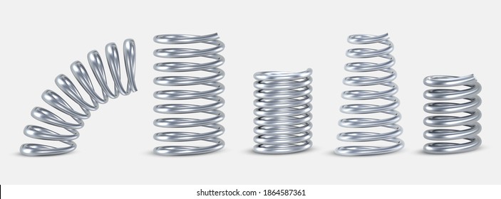 Springs metal straight, tapered, conical, short, long realistic set. Compressed coils, spirals. Repair spare parts, flexible supplements. Vector springs isolated on white background.