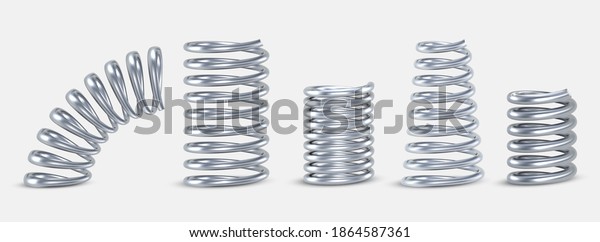 Springs metal straight, tapered, conical,
short, long realistic set. Compressed coils, spirals. Repair spare
parts, flexible supplements. Vector springs isolated on white
background.