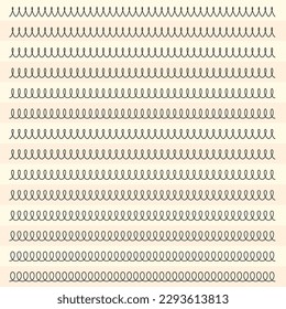 Springs of various scales and sizes for physics and science. Hooke's low. Physics of metal springs. Flexible metal elastic spiral springs. Flexion of three springs by weight. White background. Physica