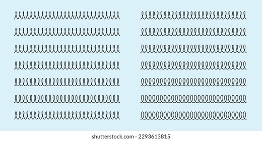 Springs of various scales and sizes for physics and science. Hooke's low. Physics of metal springs. Flexible metal elastic spiral springs. Flexion of three springs by weight. White background. Physica